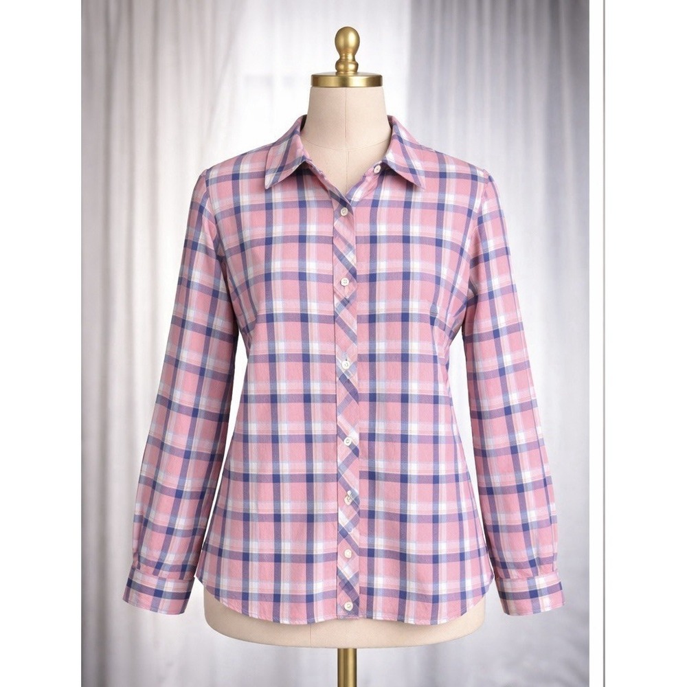 NEW Talbots Button Up Top Shirt 1X Petite 100% Cotton Pink Blue White‎ Plaid